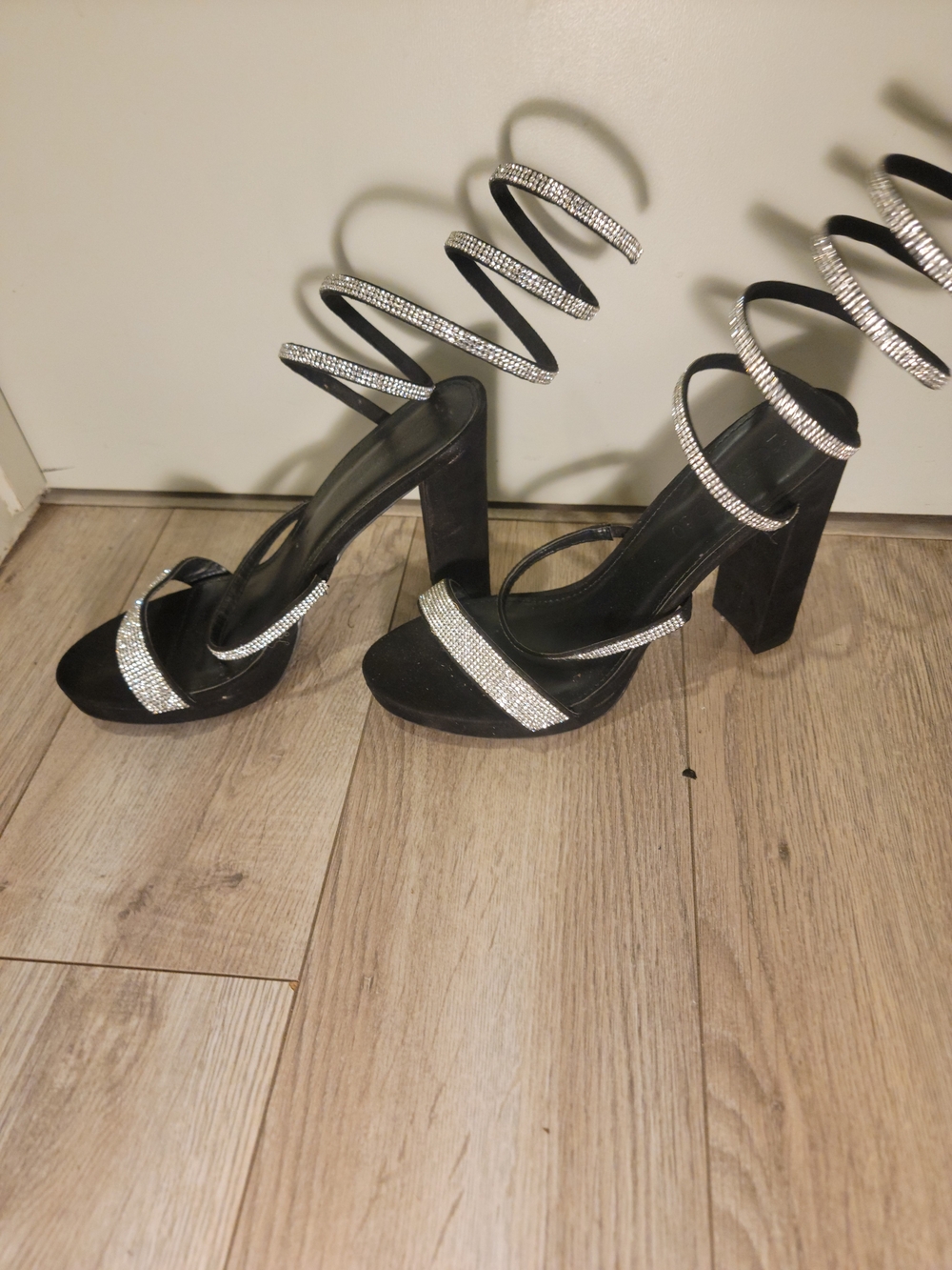 refuge Black Rhinestone Spiral Wrap Block Heels